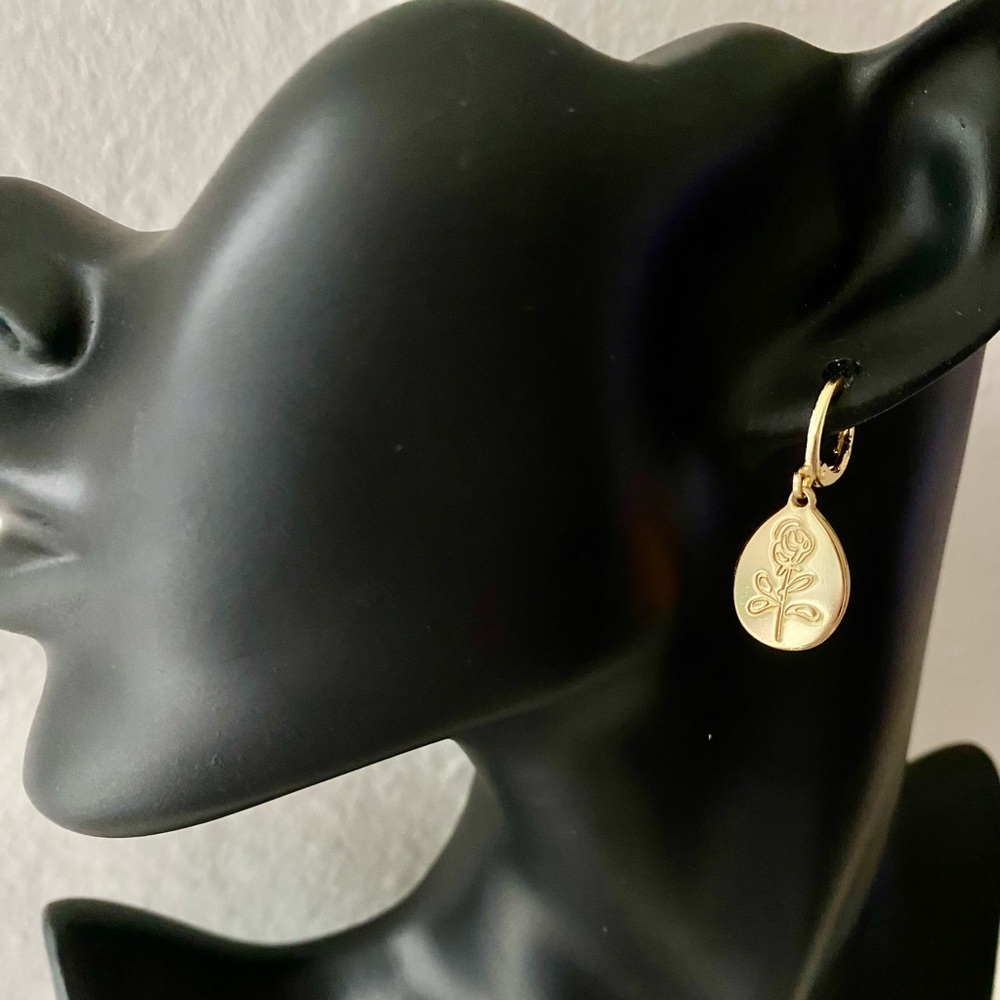 Gold Floral Huggie Hoop Earrings - Picture 2 of 9